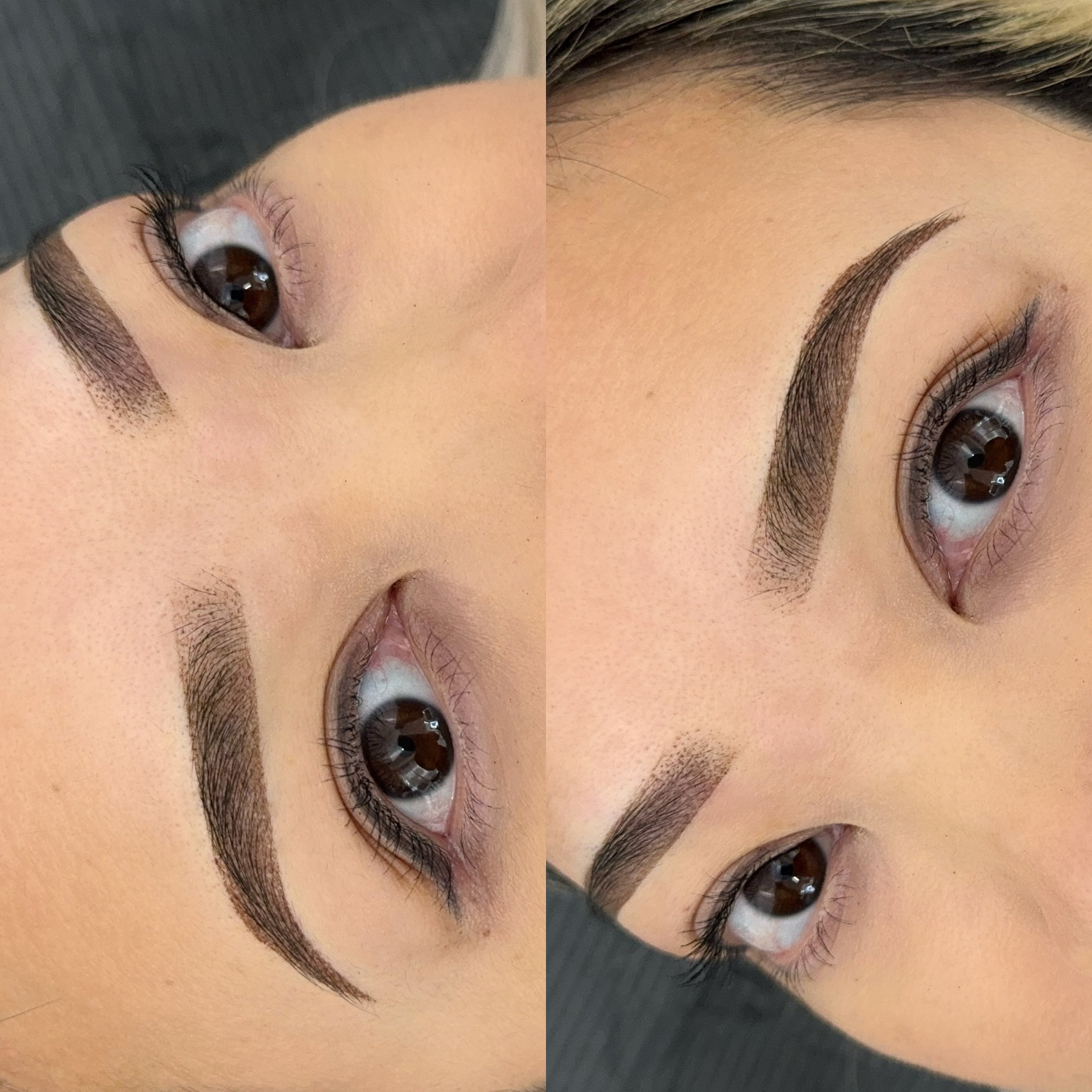 Ombre powder shading cosmetic tattoo on eyebrows.